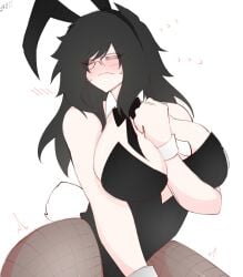 2d 2d_(artwork) arm_across_chest bare_arms black_hair blush bowtie bunny_ears bunny_tail bunnysuit closed_eyes dani_(shiirano) fist frown glasses imnotshiira_(artist) large_breasts looking_away movement_lines nervous pale_skin shiirano shiirano_(shiirano) shirt_collar suggestive_look sweat tagme thick_thighs wide_hips wrist_cuffs