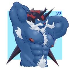 anthro armpit_hair bara beard blue_body blue_skin bottomless chest_hair daemonxxxheart facial_hair furry hands_behind_head hisuian_samurott horn male male_only muscles muscular nintendo pokemon samurott sea_lion solo solo_male white_hair