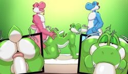 2023 3boys anal anthro ass balls big_butt biped cyan_yoshi digital_media_(artwork) erection fellatio gay gay_sex genitals green_yoshi group male male/male mario_(series) nintendo nude oral penile penis pink_yoshi ramsacked sex simple_background spitroast thick_thighs trio wide_hips yoshi