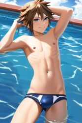 1boy ai_generated belly_button bulge bulge_through_clothing femboy kingdom_hearts male male_only nipples novelai solo sora swim_briefs swimsuit topless