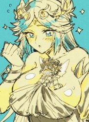 1boy 1girls anger_vein blue_background blush breasts chibi clenched_hand clothes_pull collarbone kid_icarus large_breasts laurel_crown moenyan2 nintendo open_mouth palutena pit pit_(kid_icarus) sparkles sweat upper_body wings