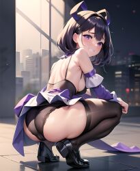 ai_generated ass ass_focus bare_shoulders black_hair blush breasts cameltoe city come_hither detached_sleeves female footwear_fetish from_behind goddess_of_victory:_nikke grin hair_ribbon huge_ass huge_ribbon looking_at_viewer looking_back medium_breasts multicolored_hair open_mouth panties parted_lips purple_eyes purple_hair ribbon sash shiny shiny_hair shiny_skin shoes short_hair sideboob smile solo squatting syuen_(nikke) thick_thighs thighhighs two-tone_hair