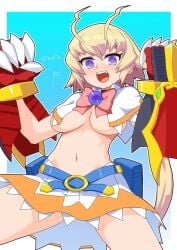 1girls amanohara_minori arcana_heart big_breasts blonde_hair breast_curtains breasts busty capelet female female_only large_breasts legs looking_at_viewer nalia navel open_mouth purple_eyes short_hair skirt smile solo thighs underboob voluptuous