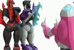 3d 3d_(artwork) 3girls alternate_angle arcee arcee_(g1) ass autobot backpack big_ass big_breasts big_butt blue_eyes breasts curvy cybertronian decepticon female female_autobots female_decepticons female_focus female_only from_behind gynoid gynomorph hand_on_hip hasbro hourglass_figure humanoid idw_comics idw_publishing looking_back more_than_meets_the_eye multicolored_body multiple_girls muscular_ass pose posing rear_view red_eyes robot robot_girl simple_background slipstream standing thick_thighs thin_waist transformers transformers_animated transformers_g1 trawert white_background windblade wings