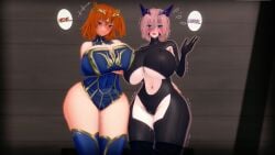 2girls 3d 3d_(artwork) artoria_pendragon_(lancer)_(cosplay) artoria_pendragon_(lancer_alter)_(cosplay) big_breasts big_thighs blush breasts busty censored clothed clothed_female clothing curvy eastboundaura88 english_text fate/grand_order fate_(series) female fujimaru_ritsuka_(female) gigantic_breasts highres huge_breasts huge_thighs koikatsu large_breasts mash_kyrielight massive_breasts thick_thighs thighs