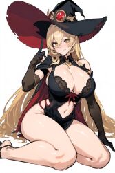 1girls arm_support big_breasts black_bra blonde_hair bra breasts busty cleavage female female_only large_breasts legs light-skinned_female light_skin looking_at_viewer navel nijisanji nui_sociere sitting smile thick_thighs thighs virtual_youtuber voluptuous witch_hat yellow_eyes