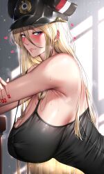 absurdres armpits azur_lane bare_arms bare_shoulders bismarck_(azur_lane) black_tank_top blonde_hair blue_eyes blush breasts crossed_arms female hair_between_eyes hat heart highres kome_cola large_breasts leaning_forward lips long_hair looking_at_viewer looking_to_the_side nail_polish peaked_cap red_nails sideboob solo sweat tank_top very_long_hair