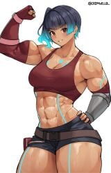 abs absurdres alternate_muscle_size aqua_hair arm_guards belt belt_pouch blue_hair body_markings breasts brown_eyes cleavage cowboy_shot cromwellb crop_top elbow_gloves female fiery_hair gloves glowing_lines grin highres large_breasts multicolored_hair muscular muscular_female pouch red_sports_bra sena_(xenoblade) short_hair shorts smile solo sports_bra twitter_username two-tone_hair xenoblade_(series) xenoblade_chronicles_3