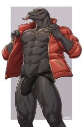 amon-sydonai anthro anthro_only balls black_body bulge clothed clothing epic_games forked_tongue fortnite genitals grey_body grey_scales hi_res jacket jewelry jockstrap komodo_dragon lizard male male_only monitor_lizard muscular muscular_anthro muscular_male necklace nipples open_clothing open_jacket open_topwear partially_clothed partially_visible_genitals pecs red_clothing red_eyes red_jacket red_topwear reptile scales scalie solo standing thunder_(fortnite) tongue tongue_out topwear underwear