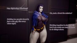 1girls 3d alternate_breast_size arcrad big_breasts breasts busty curvaceous curvy curvy_body curvy_female curvy_figure dc dc_comics english_text female female_only fully_clothed huge_breasts large_breasts purple_hair rachel_roth raven_(dc) solo teen_titans text tight_clothing voluptuous