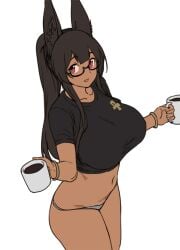 1girls animal_ear_fluff animal_ears anubis_(houtengeki) black_hair black_shirt bracelet breasts coffee coffee_mug cropped_shirt cup dark-skinned_female dark_skin egyptian glasses grey_panties houtengeki jackal_ears jewelry large_breasts long_hair looking_at_viewer mug open_mouth original panties ponytail red_eyes shirt short_sleeves sidelocks simple_background smile solo thighs underwear