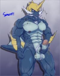 anthro balls bara beard blue_body blue_skin boner erection facial_hair furry garchomp_445 horn male male_only masturbation muscles muscular musk nintendo penis pokemon samurott sea_lion solo solo_male sweaty white_hair