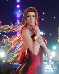 1girls 3d 3d_(artwork) aerith_gainsborough billyhhyb brown_hair clothed clothing female female_only final_fantasy final_fantasy_vii final_fantasy_vii_remake fully_clothed green_eyes long_hair night red_dress sfw smooth_skin solo solo_female