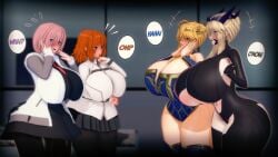 3d 3d_(artwork) 4girls artoria_pendragon artoria_pendragon_(lancer) artoria_pendragon_(lancer_alter) big_breasts big_thighs blush breasts busty censored chaldea_uniform clothed clothed_female clothing curvy eastboundaura88 english_text fate/grand_order fate_(series) female fujimaru_ritsuka_(female) gigantic_breasts highres huge_breasts huge_thighs koikatsu large_breasts mash_kyrielight massive_breasts thick_thighs thighs