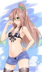 1girls alternate_hairstyle bikini blush breasts brown_hair candy cleavage confident denim denim_shorts female female_only food green_eyes grin hand_on_hip if_(neptunia) legs long_hair looking_at_viewer navel neptunia_(series) ponytail pose posing shorts small_breasts smile solo swimsuit thighs unbuttoned unzipped