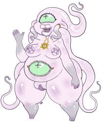 1_eye belly big_belly breasts bumpy_areolas desbjust eldritch_abomination eye_on_belly female genitals lips monster nipples obos'balzras_(desbjust) pendant pink_body pseudo_hair pussy sharp_teeth solo stomach_mouth teeth tentacle tentacle_hair thick_bottom_lip thick_lips