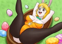 anthro anus areola areola_slip ass basket big_breasts black_clothing black_legwear black_pantyhose blonde_hair bow_tie breasts brown_eyes bunny_costume carrot_(one_piece) clothing container costume easter easter_egg female female_only fluffy fluffy_tail fur furry furry_only genitals grass green_bow_tie hair hands_behind_head hi_res holidays lagomorph legs_up legwear leotard leporid mammal navel navel_cutout nipples one_piece open_mouth orange_clothing orange_leotard pantyhose pink_areola pink_nipples pink_pussy plant playboy_bunny pussy rabbit shirt_collar short_hair simple_background smile solo spread_legs spreading tail teeth teeth_showing tongue upper_teeth vinzzyart white_body white_fur