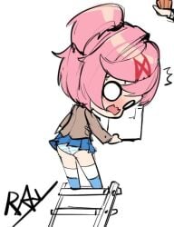 1girls artist_signature ass big_head blue_and_white_panties blue_skirt blushing box chibi cute doki_doki_literature_club exposed_panties female hairclip height_assist holding_box holding_object huge_head ladder looking_down natsuki_(doki_doki_literature_club) oga41256714 panties pantsu pantyshot pink_hair pleated_skirt shimapan short_ponytail side_ponytail signature skirt solid_color_background stairs startled striped_panties tied_hair upskirt white_background