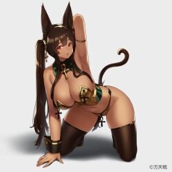 1girls :o animal_ears anubis_(houtengeki) arm_strap arm_support arm_up armpits artist_name breasts brown_hair brown_thighhighs cat_tail cleavage crop_top crossed_bangs dark-skinned_female dark_skin detached_collar furrowed_brow grey_background hair_between_eyes hair_ornament high_heels highleg highleg_panties houtengeki jackal_ears kneehighs large_breasts long_hair looking_at_viewer midriff navel original panties parted_lips red_eyes simple_background skindentation socks solo stomach strapless tail thighhighs thighs twintails underwear wrist_cuffs yellow_panties