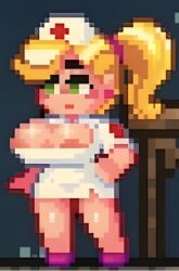 ai_generated barely_clothed big_breasts blonde_hair bottomless breasts casual casual_nudity exposed_breasts expressionless female green_eyes nurse nurse_(terraria) nurse_cap pixel_art ponytail solo solo_female standing terraria terraria_(lewdrraria)