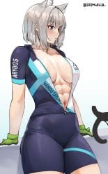 abs absurdres alternate_muscle_size animal_ear_fluff animal_ears arm_support bicycle bike_shorts blue_archive blue_eyes breasts center_opening collarbone cromwellb female gloves grey_hair ground_vehicle highres looking_to_the_side medium_breasts medium_hair multi_ear muscular muscular_female official_alternate_costume shiroko_(blue_archive) shiroko_(cycling)_(blue_archive) simple_background solo sportswear sweat taut_clothes text_print tsurime twitter_username wolf_ears