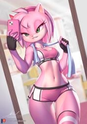 2023 2d amy_rose anthro artist_name artist_signature ass_visible_through_thighs athletic athletic_female breasts cellphone digital_media_(artwork) female female_only furry furry_female furry_only green_eyes gym_clothes gym_shorts hair hedgehog mammal pakwan008 patreon_logo patreon_url pink_body pink_hair png sega selfie smile solo sonic_(series) sports_bra standing tagme towel towel_around_neck url white_sclera