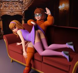 2girls 3d 3d_(artwork) ass bare_ass blender blonde_hair brown_hair cartoony couch daphne_blake discipline dominant_female dress_lift female female_only femdom femsub glasses hanna-barbera headband high_heels kinkblink looking_at_viewer looking_back mary_janes on_couch over_the_knee over_the_knee_spanking pumps punishment purple_footwear scoob! scooby-doo slapping_butt sleeveless_dress spanking stockings submissive sweater tagme velma_dinkley yuri