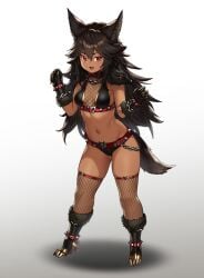 1girls :d animal_ear_fluff animal_ears belt belt_collar black_footwear black_gloves black_hair boots breasts cerberus_(houtengeki) chains claws collar dark-skinned_female dark_skin dog_ears dog_tail fishnets full_body fur-trimmed_boots fur-trimmed_gloves fur_trim gloves gradient_background grey_background hair_between_eyes hands_up hi_res houtengeki long_hair looking_at_viewer micro_shorts navel oerba_yun_fang open_mouth original personification red_eyes shorts simple_background skindentation small_breasts smile solo spiked_belt stomach tail very_long_hair
