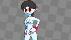 areolae background black_eyes black_hair blue_nipples blue_skin breasts checkered_background color doodley eyes eyes_open female female_focus gimberly gloves hair hair_ornament hands_on_hips hi_res highres nipples open_eyes ponytail red_nipple red_nipples uncensored wristband youtube