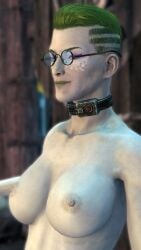 3d areolae big_breasts collar fallout fallout_76 female female_only glasses green_hair green_lipstick makeup odio_(original_character) original_character pip-boy screenshot