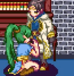 1boy 1girls animated bare_legs blue_dress brown_hair commission couple cum cum_in_mouth cum_on_face cumshot dress facial fellatio female fire_emblem fire_emblem:_the_blazing_blade fire_emblem_heroes gold_trim green_eyes green_hair handjob hetero high_ponytail hood hood_down hooded_robe indoors kiran_(fire_emblem) kiran_(fire_emblem)_(male) kiran_(male)_(fire_emblem) kneeling long_hair lowres lyn_(fire_emblem) male misawa_dmaku nintendo oral pelvic_curtain pixel_art ponytail robe short_hair side_slit skeb_commission standing ugoira very_long_hair white_robe yellow_eyes