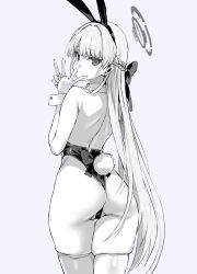 animal_ears asanagi ass bare_back bare_shoulders blue_archive braid bunny_ears bunnysuit double_v fake_animal_ears fake_tail female female_only from_behind grey_background greyscale halo highres leotard long_hair looking_at_viewer monochrome official_alternate_costume playboy_bunny rabbit_ears rabbit_tail solo tail thighhighs thong_leotard toki_(blue_archive) toki_(bunny)_(blue_archive) v very_long_hair wedgie