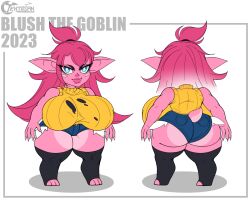 3_toes 4_fingers ass big_ass big_breasts big_butt big_ears big_lips booty_shorts breasts female goblin goblin_female hotpants hyper_bimbo original_character pink_hair pink_skin shortstack solo tenjosan thick_ass thick_thighs