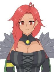 1girls alternate_costume alternate_hairstyle armor breasts cleavage dark-skinned_female dark_skin female female_only fire_emblem fire_emblem:_three_houses fire_emblem_warriors:_three_hopes hair_over_shoulder hapi_(fire_emblem) large_breasts looking_at_viewer medium_hair nintendo official_alternate_costume official_alternate_hairstyle pout red_eyes red_hair solo white_background yoshio_hentai