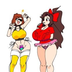 2girls big_breasts brown_hair female female_only hakkim_animation mikkah_(hakkim_animation) misha_(hakkim_animation) multiple_girls pasties red_eyes skirt stockings sunglasses