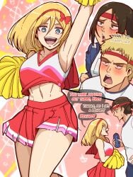 1boy 2girls aged_up alternate_universe asking_a_question attack_on_titan blonde_hair brown_hair cheerleader christa_lenz english_text erehisu eren_jaeger female flirting grown_up headband historia_reiss imminent_sex long_hair_male male manbun mark_gavatino modern_au multiple_girls physical_education_uniform reiner_braun shingeki_no_kyojin shiny_skin sport_festival stealing_crush text ymir_(shingeki_no_kyojin)