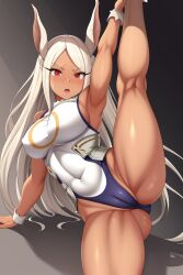 1girls ai_generated ass athletic athletic_female big_ass bunny_ears cameltoe dark-skinned_female dark_skin highres holding_leg large_breasts leotard looking_at_viewer miruko muscular my_hero_academia open_mouth red_eyes rumi_usagiyama stable_diffusion standing standing_on_one_leg standing_split thick_thighs toned toned_female white_hair yuqolilos