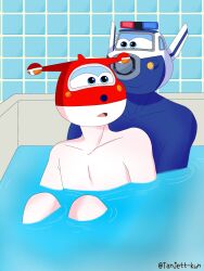 2boys anthro bath blue_eyes blue_skin gay humanoid jett_(super_wings) living_machine male/male male_only paul_(super_wings) plane super_wings tanjett white_skin