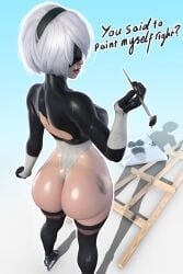 1girls ass big_ass blindfold bodypaint breasts bubble_butt butt dat_ass dirty_talk english_text fat_ass female female_only hi_res high_heels light-skinned_female mouth_open nier nier:_automata nier_(series) painted_clothes popogori short_hair simple_background solo solo_female standing text thick_thighs white_hair wide_hips yorha_2b