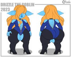 4_fingers ass bangs bangs_over_eyes big_ass big_breasts big_butt big_ears big_lips big_lips_no_eyes blue_skin bodysuit breasts breasts catsuit female goblin goblin_female heels high_heels huge_ass no_eyes original_character shortstack solo tenjosan thick_ass thick_thighs