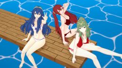 3d 3girls :p ass bare_legs bare_thighs big_ass bikini blue_eyes blue_hair breasts covered_nipples female female_only fire_emblem fire_emblem_awakening green_eyes green_hair koikatsu large_breasts legs long_hair looking_at_viewer looking_back lucina_(fire_emblem) medium_breasts mike_oxlong multiple_girls nintendo open_mouth outdoors pointy_ears ponytail red_bikini red_swimsuit severa_(fire_emblem) sitting small_breasts smile swimsuit symbol-shaped_pupils thighs tiara tiki_(adult)_(fire_emblem) tiki_(fire_emblem) tongue tongue_out twintails v white_bikini white_swimsuit