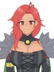 1girls alternate_costume alternate_hairstyle armor breasts cleavage dark-skinned_female dark_skin female female_only fire_emblem fire_emblem:_three_houses fire_emblem_warriors:_three_hopes hair_over_shoulder hapi_(fire_emblem) large_breasts looking_at_viewer medium_hair nintendo official_alternate_costume official_alternate_hairstyle pout red_eyes red_hair solo sound_effects white_background yoshio_hentai