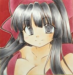 1girls ainu_clothes big_breasts black_hair breasts busty cleavage female female_only grey_eyes hair_ribbon highres large_breasts long_hair looking_at_viewer nakoruru ribbon samurai_shodown smile snk solo traditional_media traditional_media_(artwork)