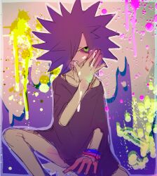 1boy bracelet collarbone cum cum_on_face green_eyes kinuyo_(kinuxi) licking_cum male_focus male_only nintendo paint paint_splatter purple_sclera purple_shirt solo spiked_hair splatoon spyke_(splatoon)