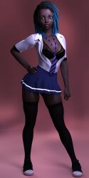 1girl 1girls 3d blue_hair bra damz dark-skinned_female dreadlocks looking_at_viewer open_shirt original original_character purple_eyes school_uniform solo solo_female