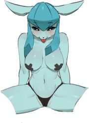 1girls 2023 anthro anthrofied big_breasts blep blue_body blush breasts clothing eeveelution female female_only generation_4_pokemon glaceon looking_at_viewer navel nintendo pasties pokemon pokemon_(species) solo tongue tongue_out underwear yawar