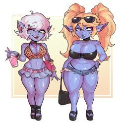 blonde_hair blue_fur blue_skin booty_shorts chubby chubby_female cleavage gyaru hi_res jewelry league_of_legends leopard_print loggus_doggus modern_setting pointy_ears poppy purple_eyes purse short short_hair short_shorts short_skirt shortstack slutty_outfit sunglasses sunglasses_on_head toned tristana tube_top tubetop twintails white_hair yellow_eyes yordle