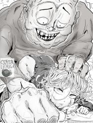 1girls cereal_lechuga female fuhrer_ugly male monochrome monster one-punch_man rape small_breasts tatsumaki