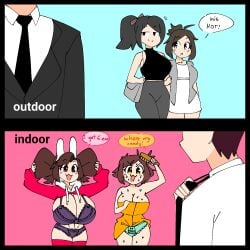 1boy 2girls 4girls bra bunny_ears comic female hair_brush hakkim_animation male mikkah_(hakkim_animation) misha_(hakkim_animation) multiple_girls panties red_eyes text tied_hair towel_over_breasts yellow_eyes