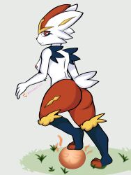 anthro ass ball big_butt breasts cinderace clothing female footwear generation_8_pokemon hi_res lagomorph leporid looking_at_viewer looking_back mammal nintendo nipples pokemon pokemon_(species) rabbit scut_tail short_tail skade_(artist) smile soccer soccer_ball socks solo sport tail